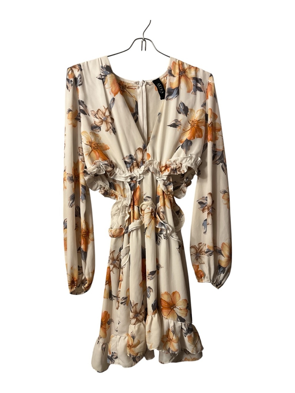 AKIRA White Floral Long Sleeve Ruffle Mini Dress with Orange Floral Accents